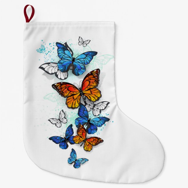 Flying Butterflies Morpho and Monarch Large Christmas Stocking (Front)