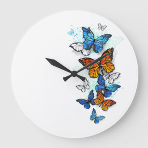 Flying Butterflies Morpho and Monarch Large Clock