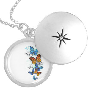 Flying Butterflies Morpho and Monarch Locket Necklace