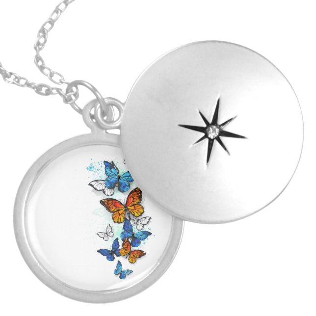Flying Butterflies Morpho and Monarch Locket Necklace (Front)