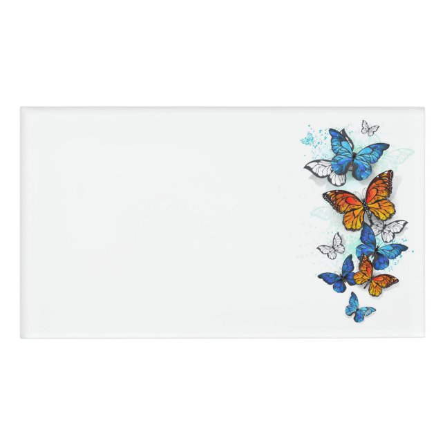 Flying Butterflies Morpho and Monarch Name Tag (Front)