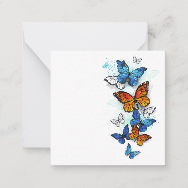 Flying Butterflies Morpho and Monarch Note Card (Front)
