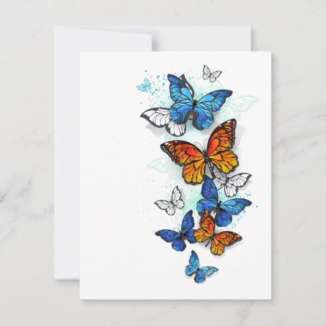 Flying Butterflies Morpho and Monarch Note Card (Front)