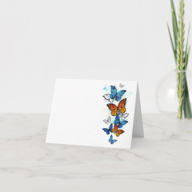 Flying Butterflies Morpho and Monarch Note Card (Front)