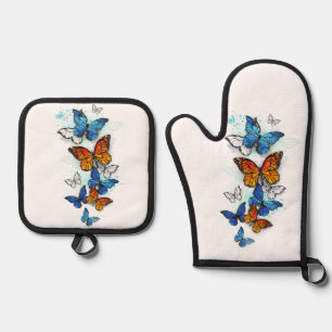 Flying Butterflies Morpho and Monarch Oven Mitt & Pot Holder Set