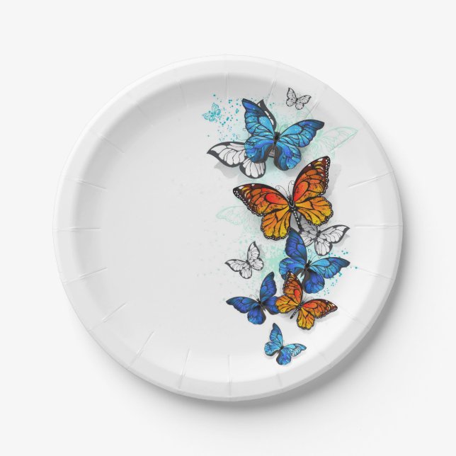 Flying Butterflies Morpho and Monarch Paper Plates (Front)