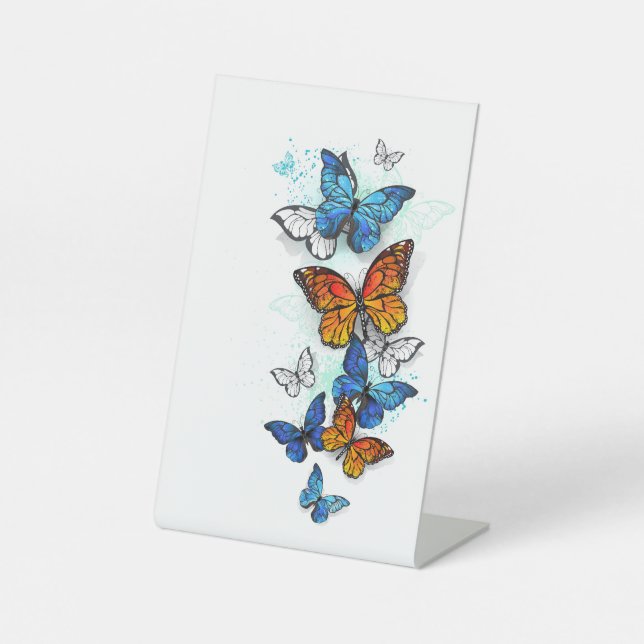 Flying Butterflies Morpho and Monarch Pedestal Sign (Front)