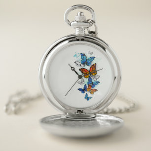 Flying Butterflies Morpho and Monarch Pocket Watch