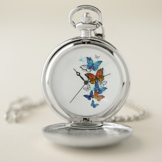 Flying Butterflies Morpho and Monarch Pocket Watch (Inside)