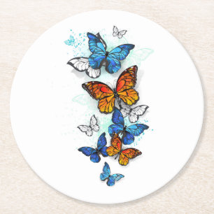 Flying Butterflies Morpho and Monarch Round Paper Coaster