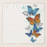 Flying Butterflies Morpho and Monarch Scarf<br><div class="desc">Flying, bright, blue butterfly morpho and orange monarch butterfly on a white background. Morpho. Monarch butterfly. Design with butterflies.</div>