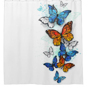Flying Butterflies Morpho and Monarch Shower Curtain