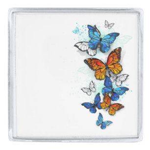 Flying Butterflies Morpho and Monarch Silver Finish Lapel Pin