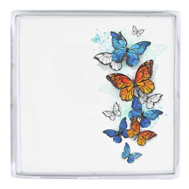 Flying Butterflies Morpho and Monarch Silver Finish Lapel Pin (Front)