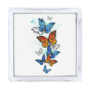 Flying Butterflies Morpho and Monarch Silver Finish Lapel Pin