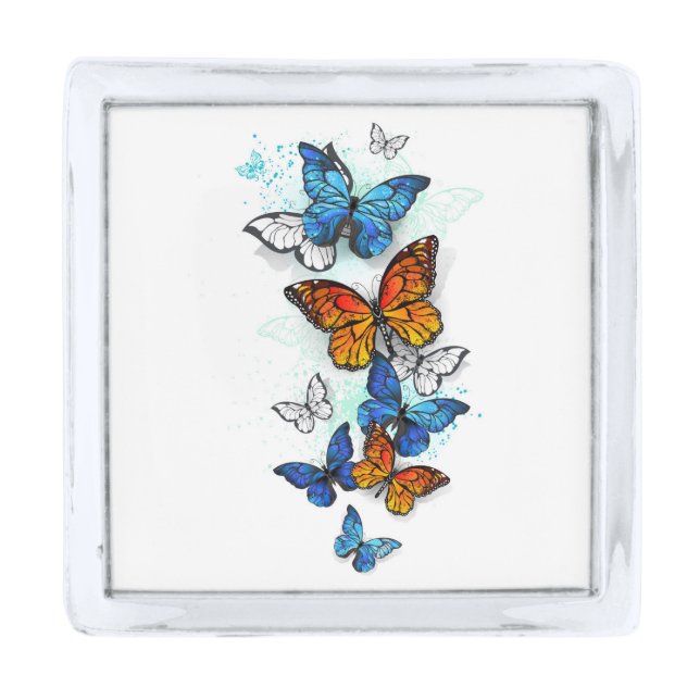 Flying Butterflies Morpho and Monarch Silver Finish Lapel Pin (Front)