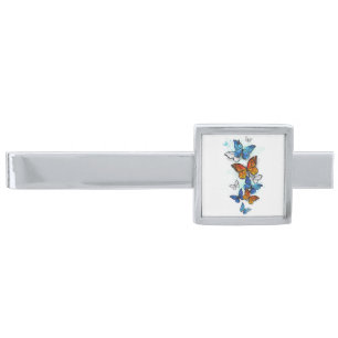 Flying Butterflies Morpho and Monarch Silver Finish Tie Bar