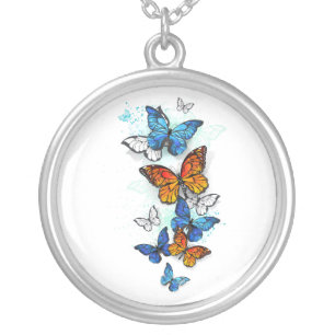 Flying Butterflies Morpho and Monarch Silver Plated Necklace