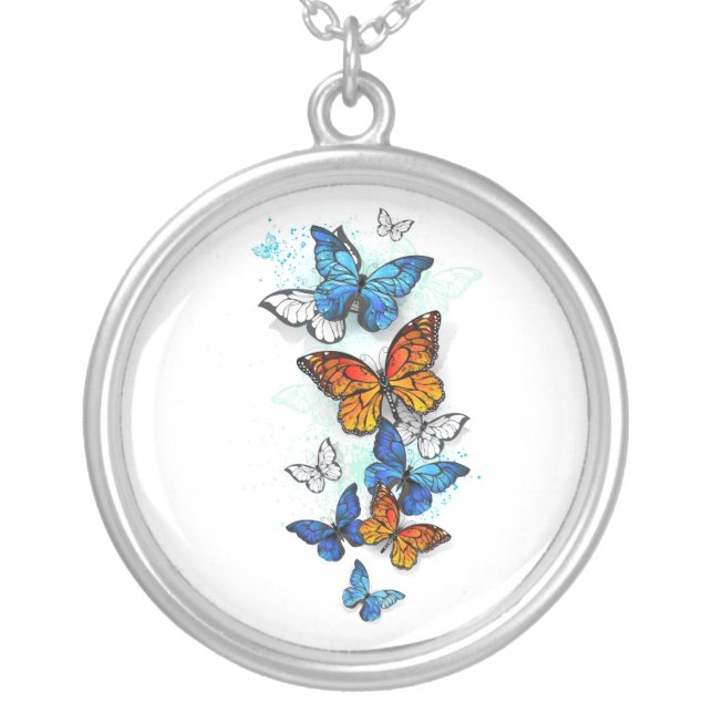 Flying Butterflies Morpho and Monarch Silver Plated Necklace (Front)
