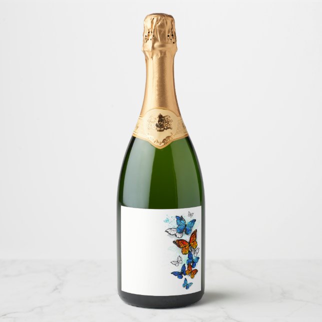 Flying Butterflies Morpho and Monarch Sparkling Wine Label (Front)