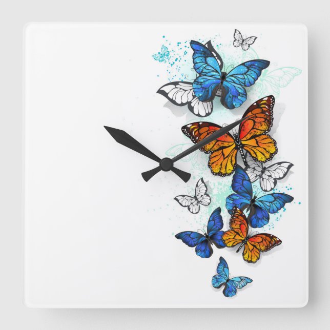 Flying Butterflies Morpho and Monarch Square Wall Clock (Front)