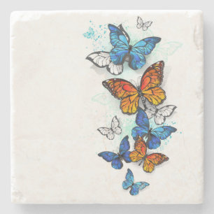 Flying Butterflies Morpho and Monarch Stone Coaster