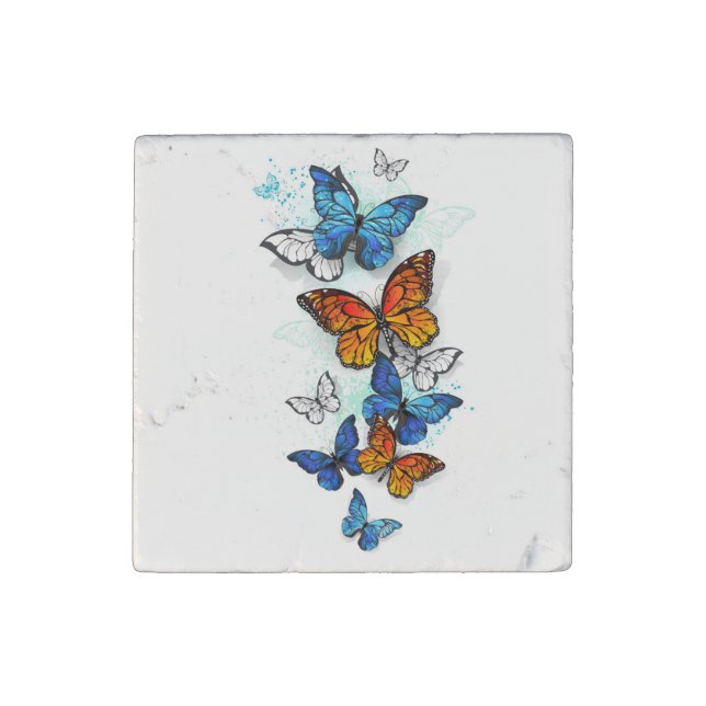 Flying Butterflies Morpho and Monarch Stone Magnet (Front)
