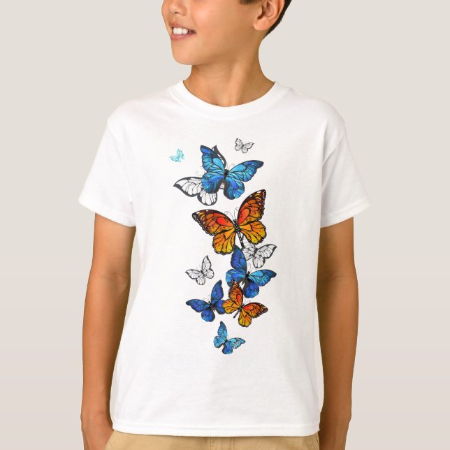 Flying Butterflies Morpho and Monarch T-Shirt (Front)