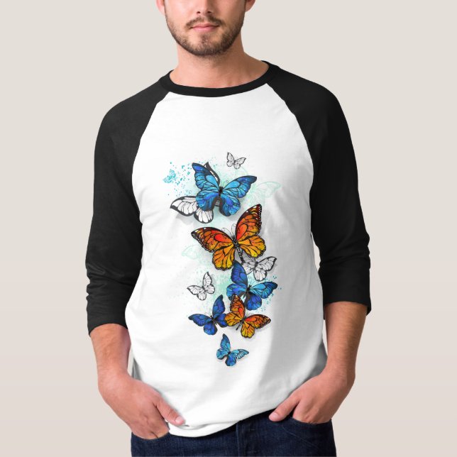 Flying Butterflies Morpho and Monarch T-Shirt (Front)