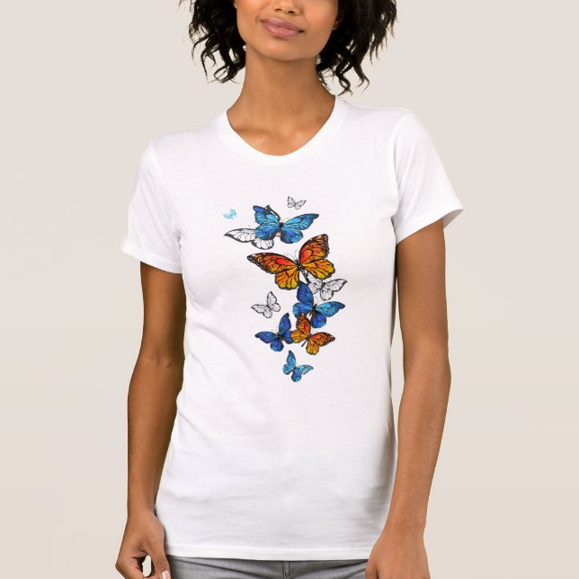 Flying Butterflies Morpho and Monarch T-Shirt (Front)