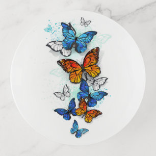 Flying Butterflies Morpho and Monarch Trinket Tray