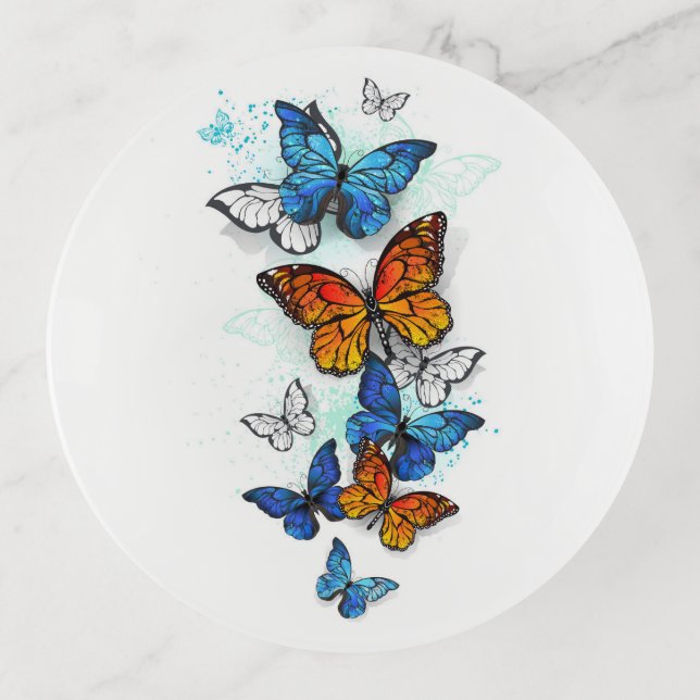 Flying Butterflies Morpho and Monarch Trinket Tray (Front)