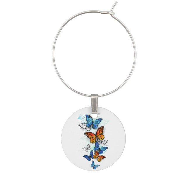 Flying Butterflies Morpho and Monarch Wine Charm (Front)
