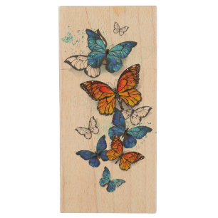 Flying Butterflies Morpho and Monarch Wood Flash Drive