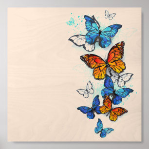 Flying Butterflies Morpho and Monarch Wood Photo Tile