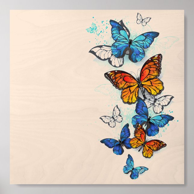 Flying Butterflies Morpho and Monarch Wood Photo Tile (Front Set)