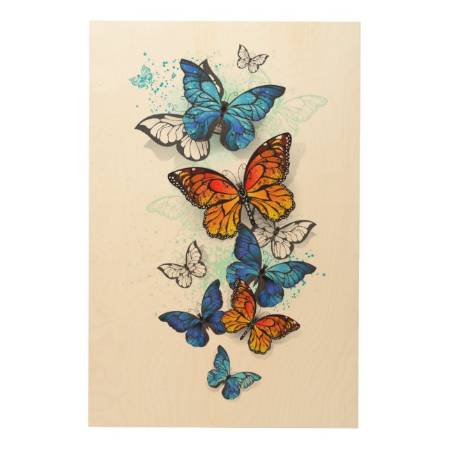 Flying Butterflies Morpho and Monarch Wood Wall Art (Front)