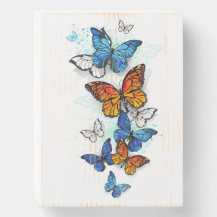 Flying Butterflies Morpho and Monarch Wooden Box Sign