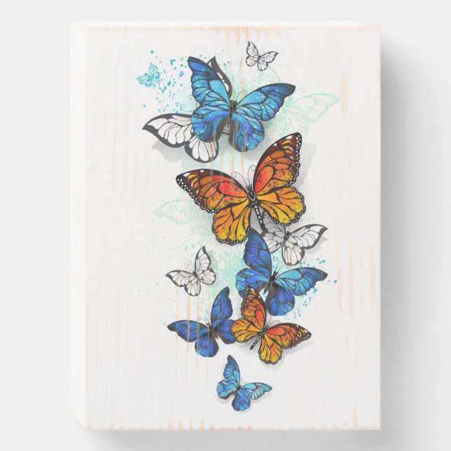 Flying Butterflies Morpho and Monarch Wooden Box Sign (Front Vertical)