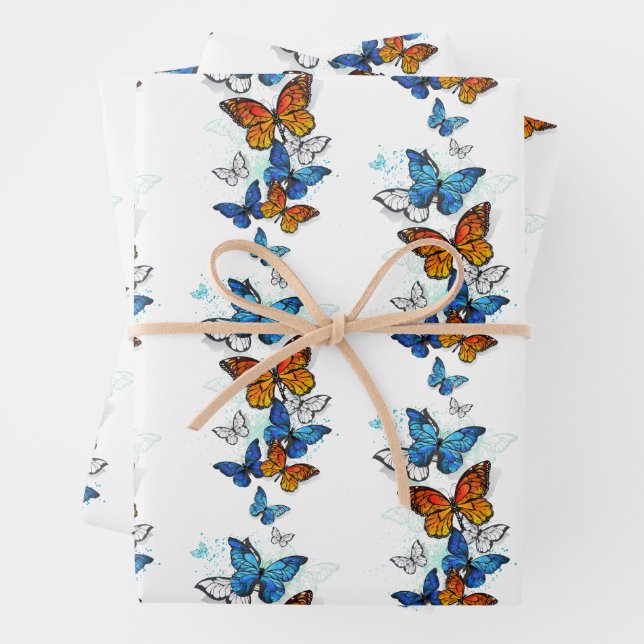 Flying Butterflies Morpho and Monarch Wrapping Paper Sheets (In situ)