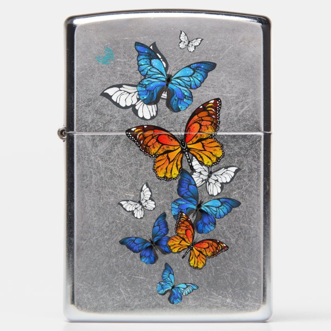 Flying Butterflies Morpho and Monarch Zippo Lighter (Front)