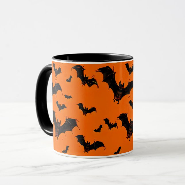 Flying Cartoon Bats on an Orange Background Mug (Front Left)