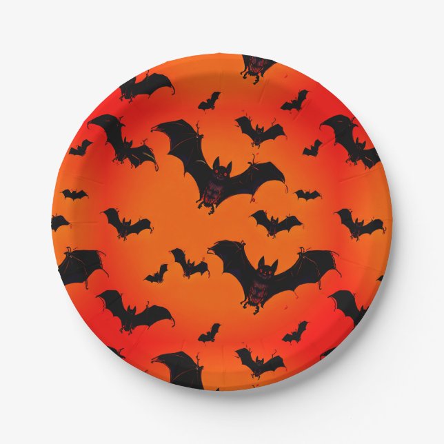 Flying Cartoon Bats on an Orange Background Paper Plates (Front)