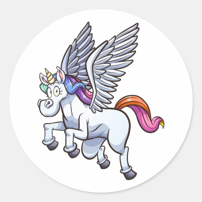 flying cartoon pegasus unicorn classic round sticker (Front)