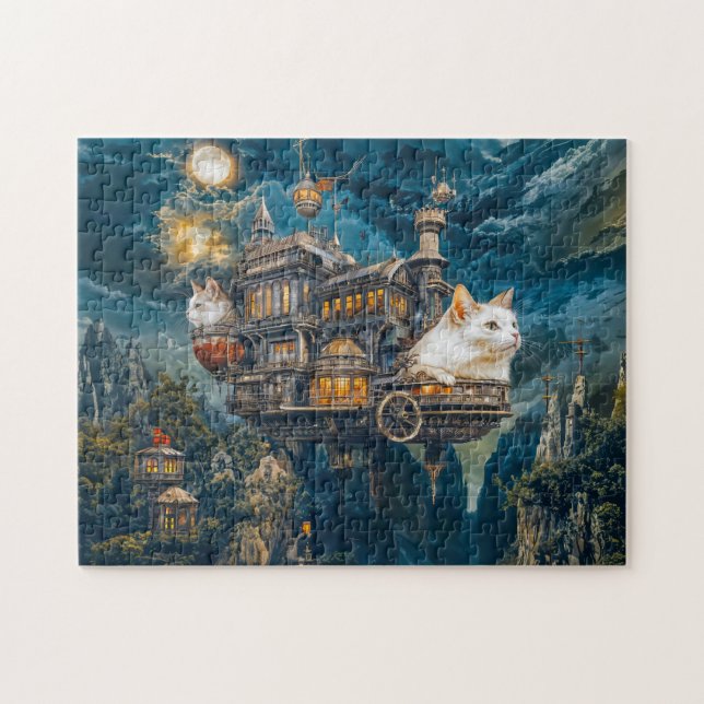 Flying castle cats Steampunk night Jigsaw Puzzle (Horizontal)