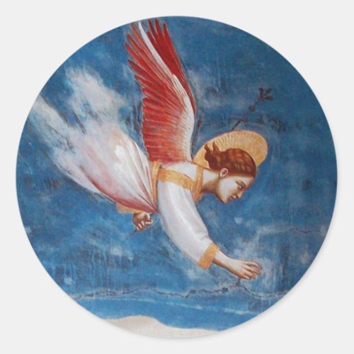 FLYING CHRISMAS ANGEL IN BLUE SKY HOLIDAY PARTY CLASSIC ROUND STICKER