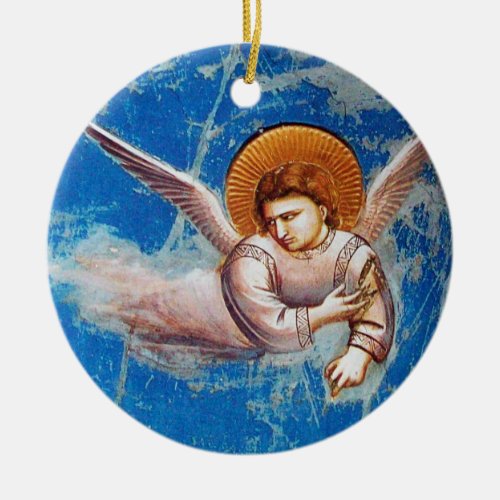 FLYING CHRISTMAS ANGEL IN BLUE SKY FLORAL CROWN CERAMIC ORNAMENT