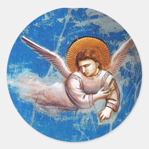 FLYING CHRISTMAS ANGEL IN BLUE SKY HOLIDAY PARTY CLASSIC ROUND STICKER