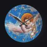 FLYING CHRISTMAS ANGEL IN BLUE SKY ROUND CLOCK<br><div class="desc">Digital  collage, 3d modeling and rendering by Bulgan Lumini (c)
Flight to Egypt,  Angel details  from Cappella  Scrovegni Giotto di Bondone  1267 - 1337. Italian Medieval fine art masterpiece, </div>