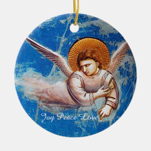 FLYING CHRISTMAS ANGELS IN BLUE.FLIGHT INTO EGYPT CERAMIC ORNAMENT (Front)